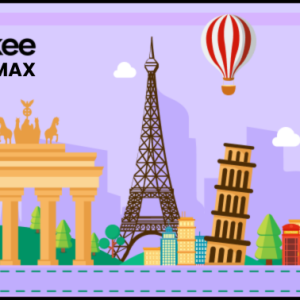 Product card for Rockee Euro MAX plan showing the plan name and an illustration of popular sites in Europe
